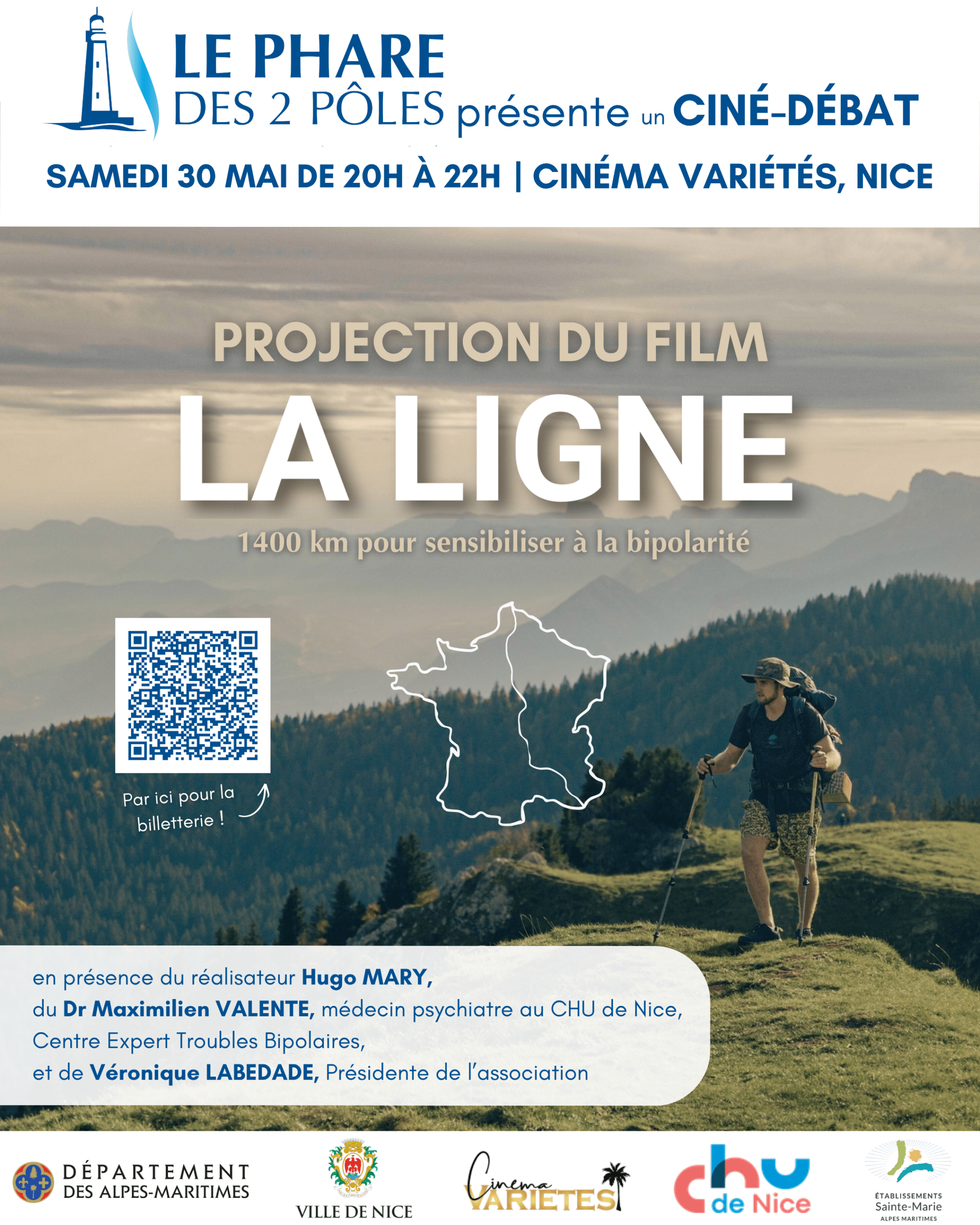 Affiche du moyen métrage La Ligne, réalisé par Hugo Mary. La projection du film, organisée par l'association Le Phare des 2 pôles, sera suivie d'un ciné débat autour de la bipolarité.